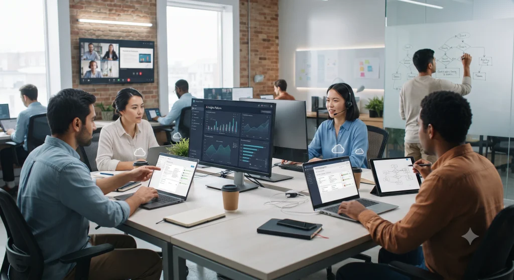 Modern workplace with employees using AI tools, cloud software and digital technologies to collaborate and complete tasks