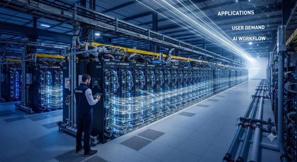 AI data center infrastructure with advanced computing hardware supporting high-speed AI inference and business applications