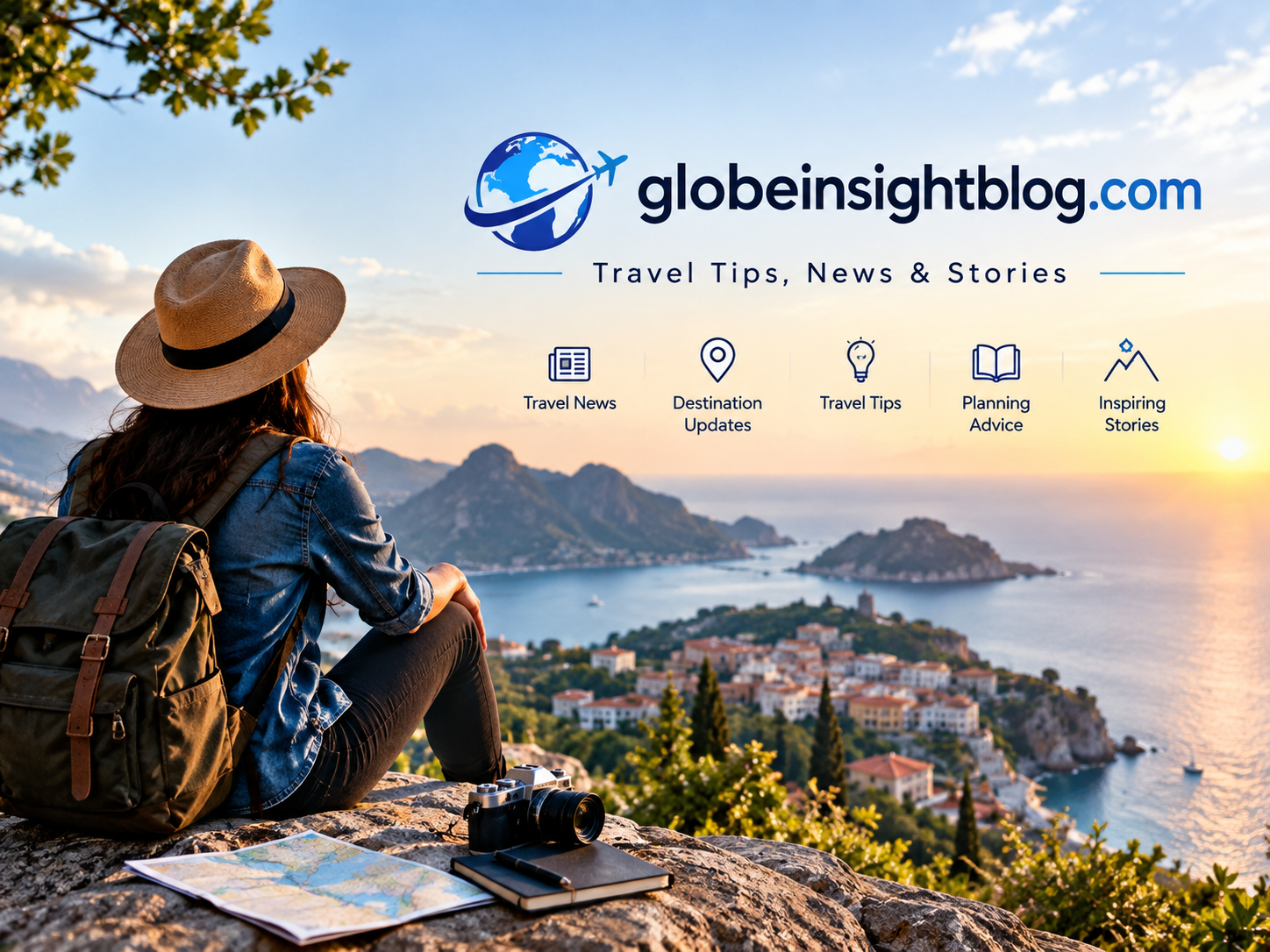 A female traveler with a backpack and hat sitting on a rocky cliff overlooking a coastal town at sunset, featuring the logo for globeinsightblog.com.